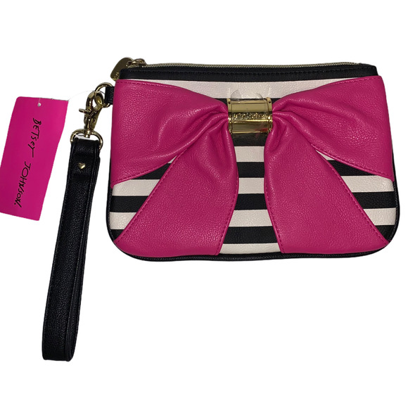 Betsey Johnson Handbags - BETSEY JOHNSON Wristlet Pink Black White Stripes